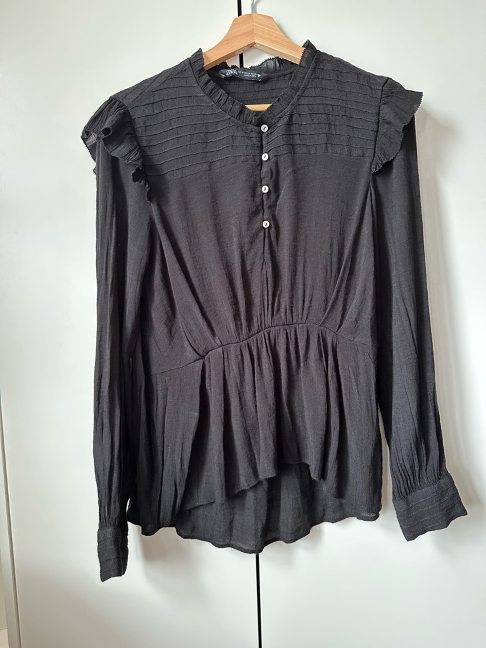 Zara Black Ruffled Pintuck Button-Up Blouse